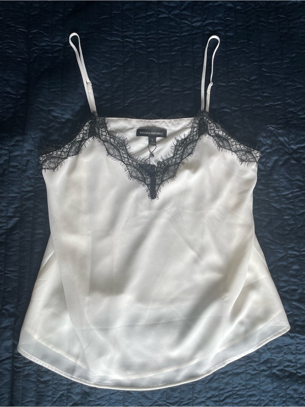 Banana Republic Ivory Satin Camisole with Black Lace Trim